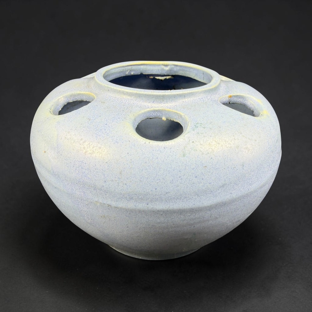 Antique Pale Blue Pottery Large Flower Frog 6-Hole Round Pottery Vase Vessel VTG